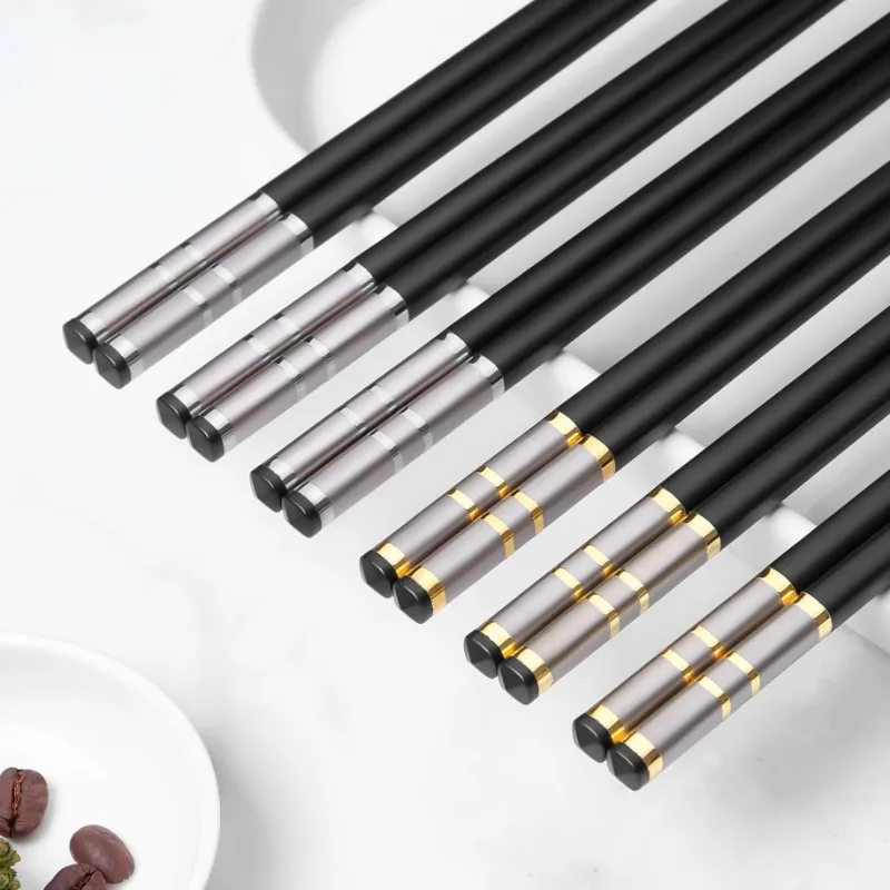 

5pairs 24cm Alloy Chopsticks Household Anti Slip Heat-resistant Wholesale Gold Silver Four Ring Chinese Chopsticks Kitchen Tools