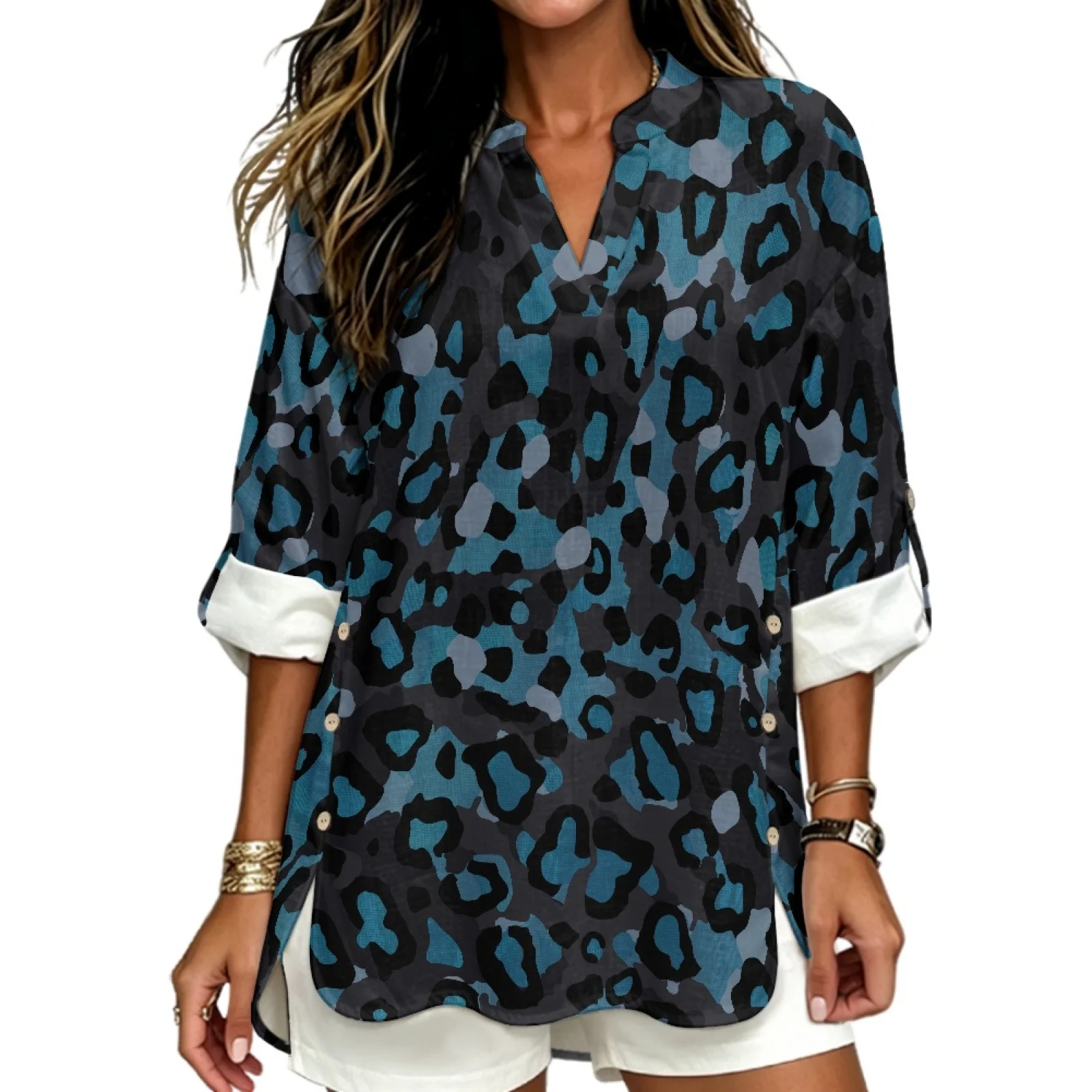PENSTROLL Blue Leopard Roll Up Long Sleeve V Neck Long Sleeve Tops for Fall Linen Style V Neck Blouse Sizes S-5XL