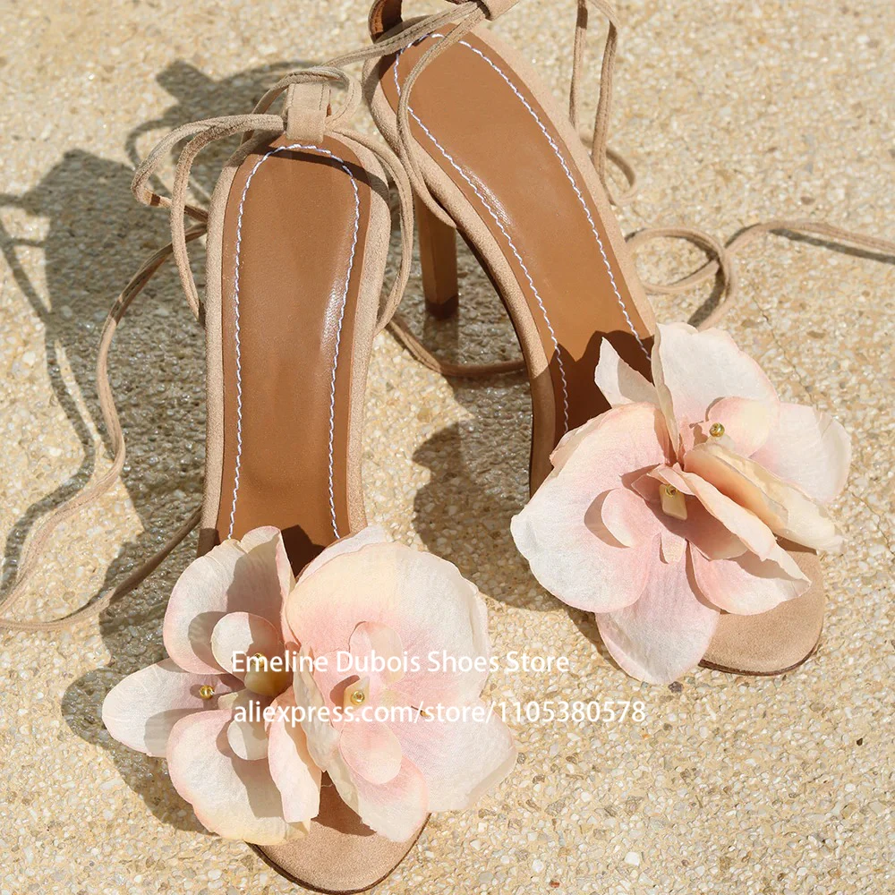 

Nude Suede Floral High Heels Sandals Ankle Cross Strap Open Toe Elegant Stilettos Women Summer Shoes Wedding Party Bridal Wear