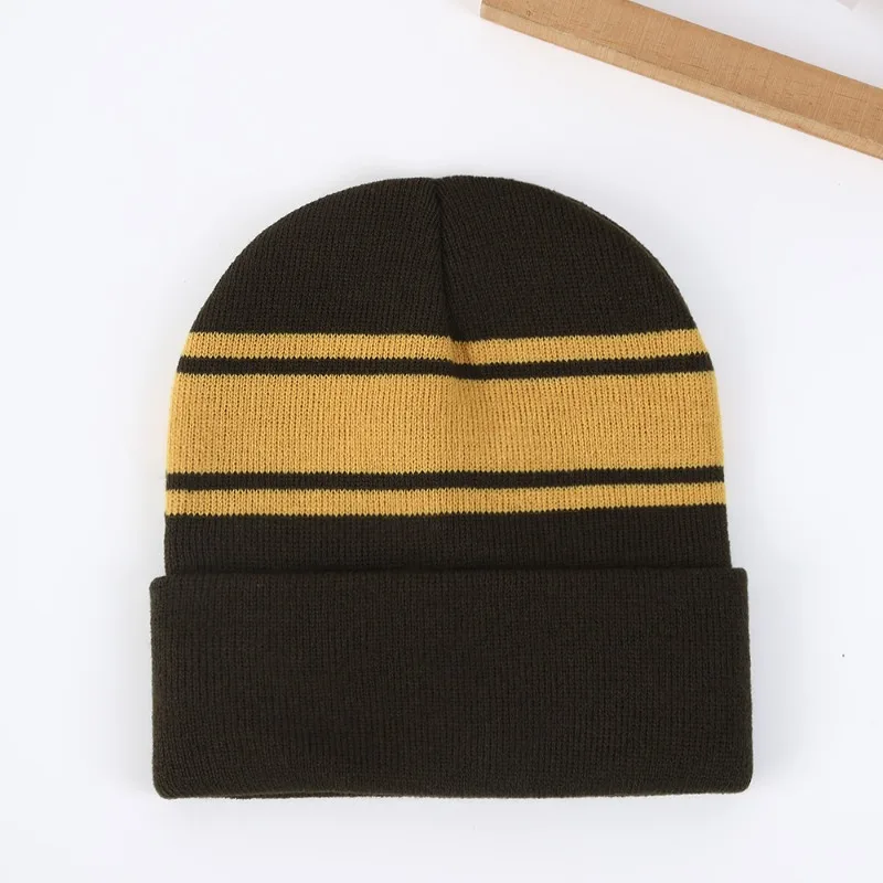 Black White Striped Knitted Hat Men Women Unisex Outdoor Autumn Winter Warm Big Head Beanie Cap Soft Elastic Thermal Windproof