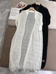 Primavera B * C Cardigan lungo in lino da donna maniche corte giacca Cardigan lavorata a maglia cava per abbigliamento donna femminile