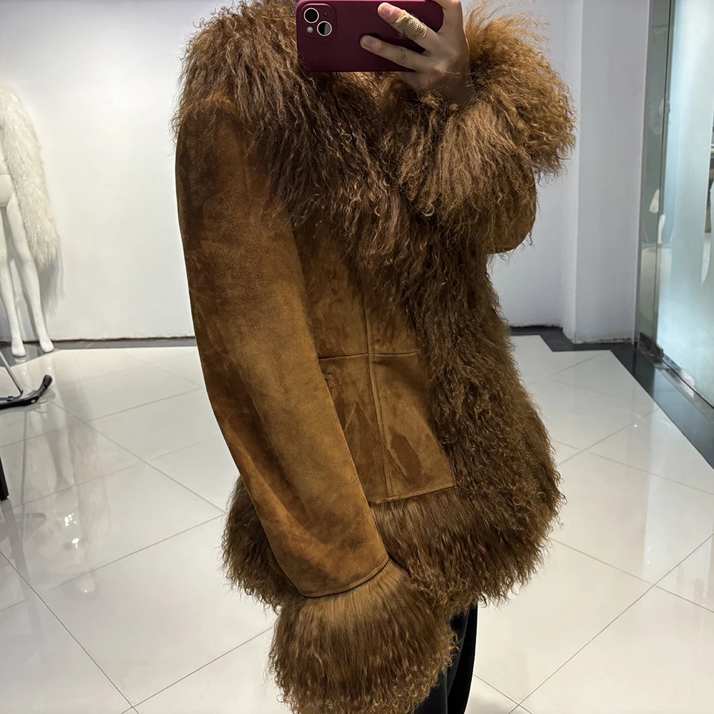 YOLOAgain Real Mongolia Sheep Fur Collar Real Leather Jacket Coat Women