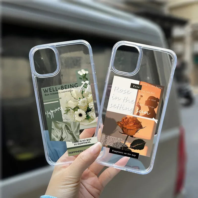 Graceful Rose Flower Label Phone Case For iPhone 13 14 Pro MAX 11 12 15 X XR 8 7 Plus Fashion Clear Shockproof Hard Cover Fundas