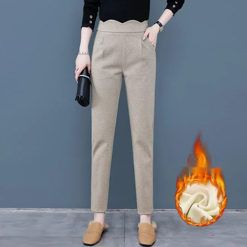 

Autumn Winter Warm Thick Woolen Pants Vintage Palazzo Office Elegant Casual Solid Trousers Female High Waist Plus Velvet Pants