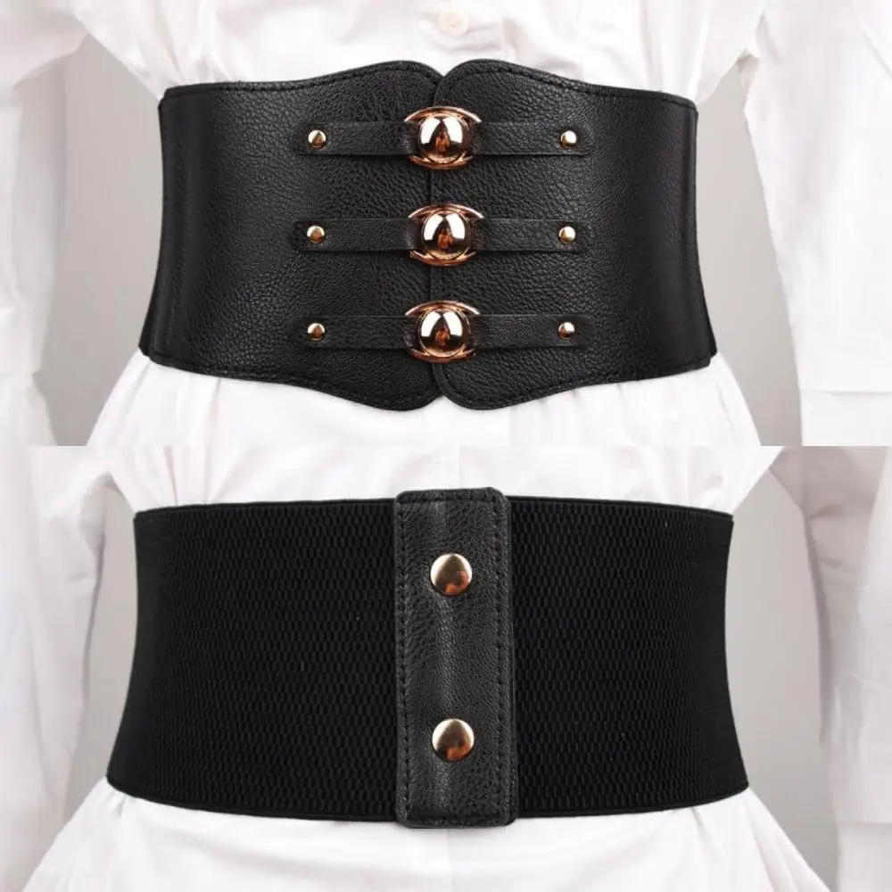 

Womens Ladies Corset Punk Rivet Wide Buckle Womens Waistband Elastic Stretch Wrap Waist Belt