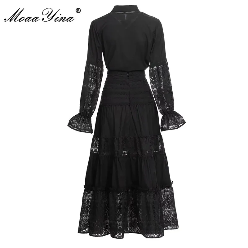 MoaaYina Fashion Designer Autumn Balck Skirts Suit Women's Flare sleeve Single-breasted embroidery Shirts + Skirts 2 Pieces Set