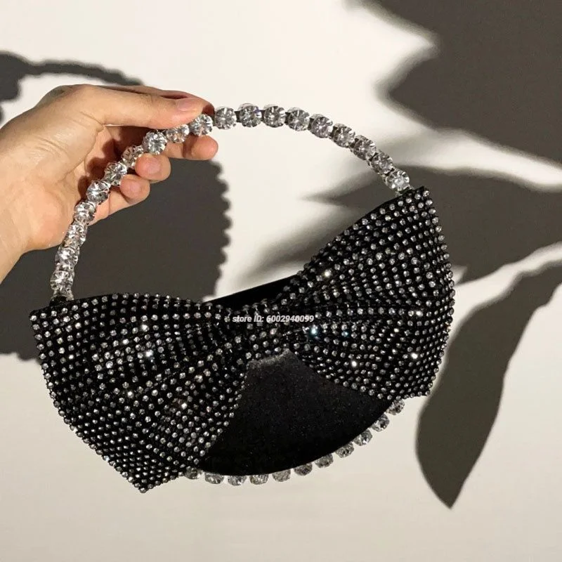 

New Rhinestone Evening Clutch Velvet Bow Bag Evening Wedding Party Shoulder Bag Handle Rhinestone Handbag Women Party Wedding