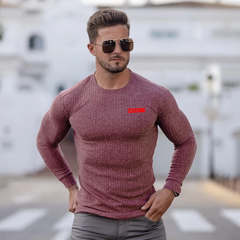 

Autumn Winter Fashion Knitted Stripes Long Sleeves Fitness Clothes Gym Bodybuilding Workout Men's Running Sport Breathable Shirt