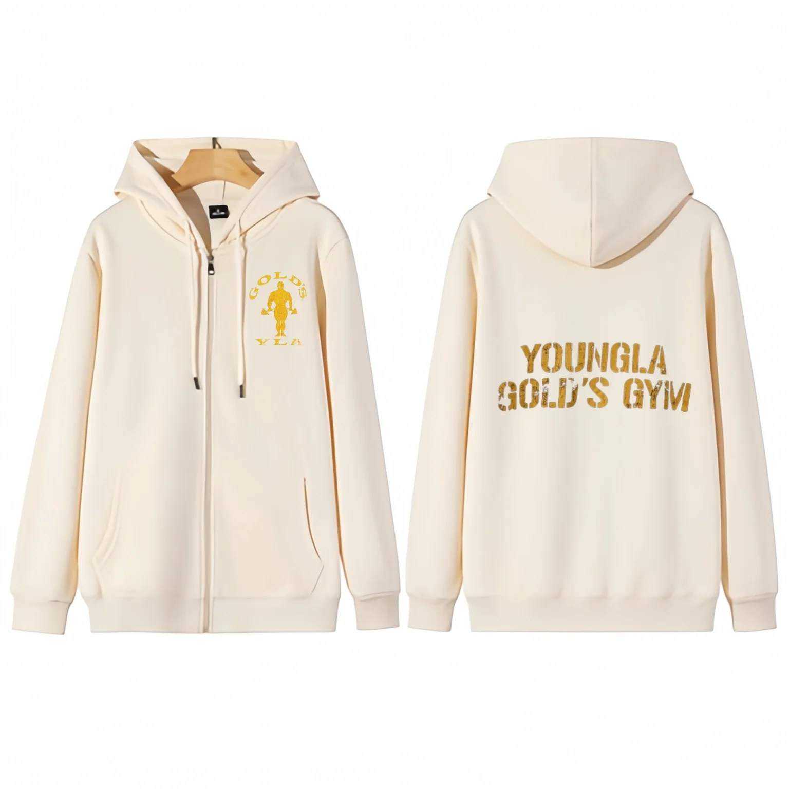YOUNGLA Gold's Gym Men Zip Up Hoodie Heavyweight Cotton Hooded Jacket Front Back Graphic Print Workout Gym Oversized Sweatshirts