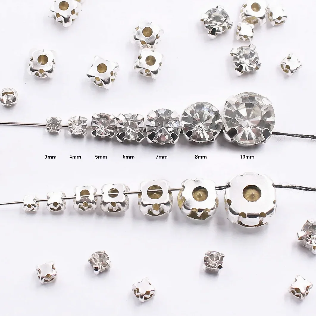 Sell At Loss RESEN Top Quality 3-10mm Sliver Claw Sew On Rhinestones Clear Crystal Color Sliver Base Sewing Stone DIY Decoration