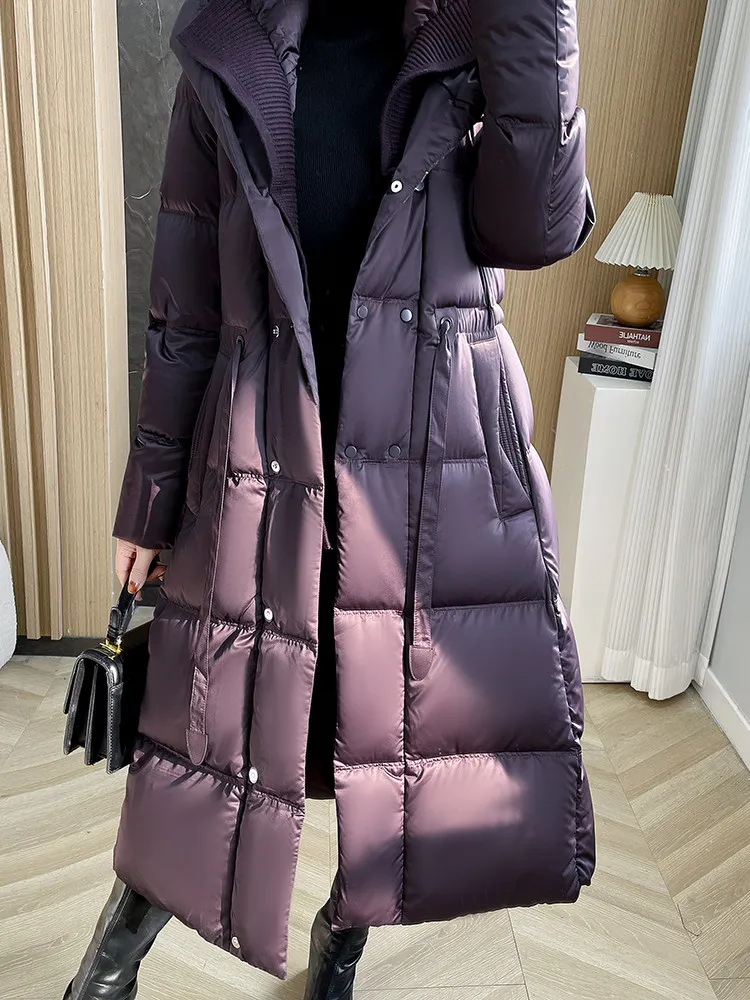 Chaqueta ajustada con cinturón para mujer, abrigo de plumas de pato blanco 90 con capucha, estilo largo, elegante y cálido, para invierno