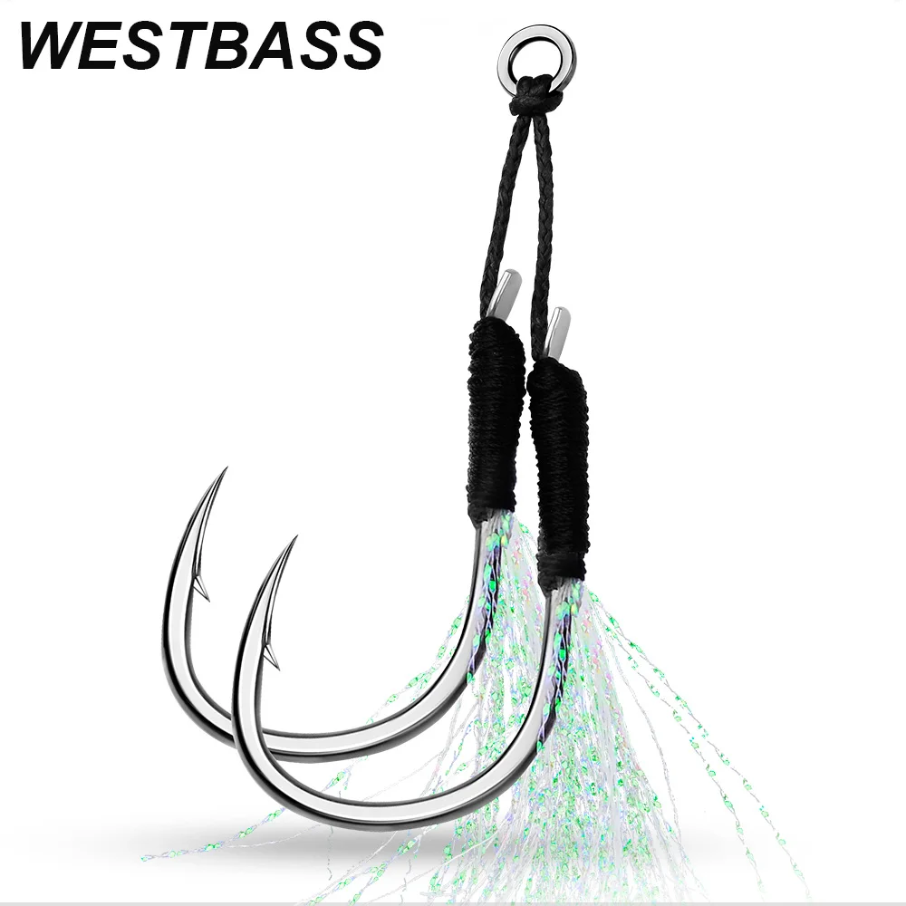 WESTBASS 5pairs/10pcs Assist Fishing Hooks 10#-20# Slow Jigging Twins Fishhook Barbed Single Jig Hook High Carbon Steel fisching