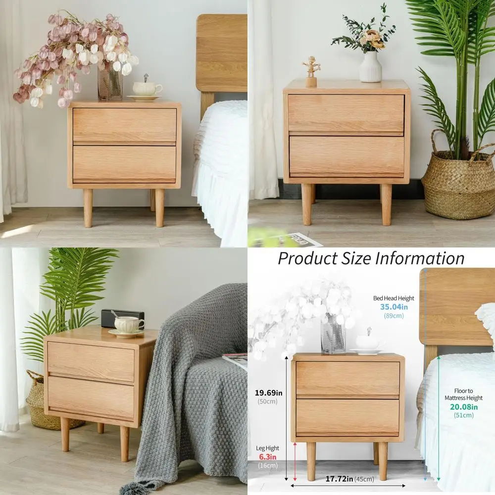 Mesita de noche moderna de roble de mediados de siglo con dos cajones, mesa auxiliar pequeña de estilo bohemio, 17,72 de ancho x 15,75 de profundidad x 19,69 de alto