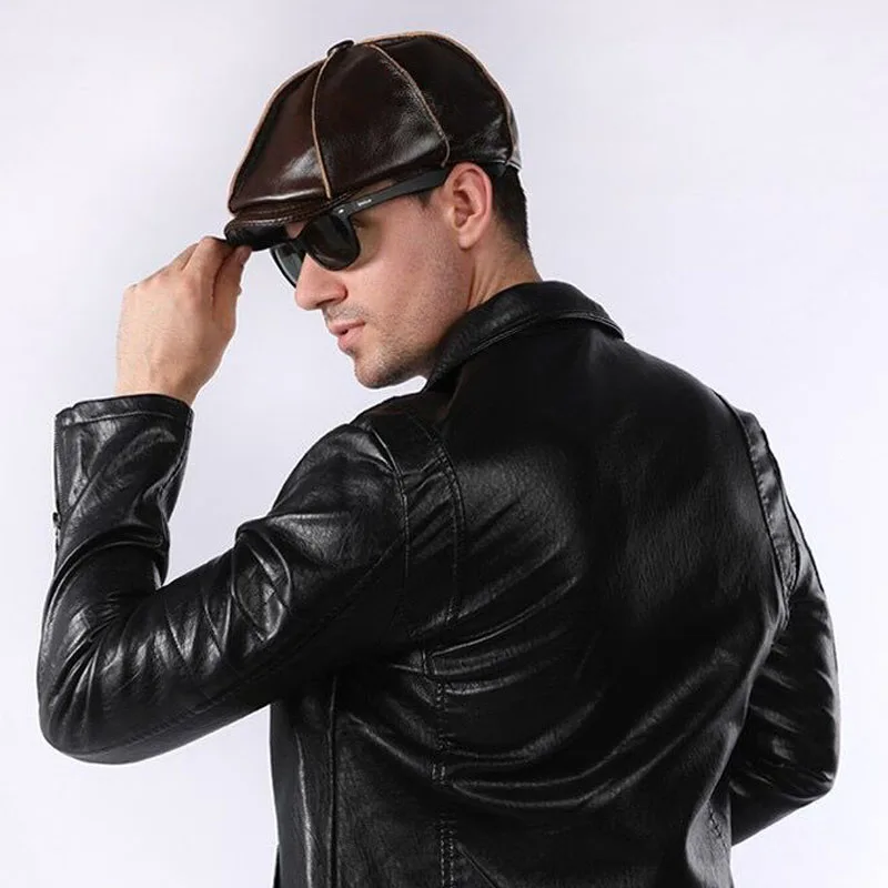 Retro Octagonal Genuine Leather Hat Autumn Warm Men's Cowhide Leather Beret Elegant Fashion Student Tongue Cap Caps Ear