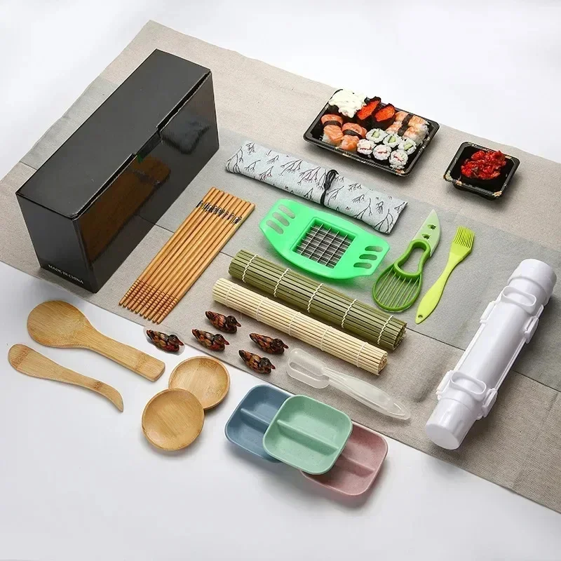 Sushi Making Tools Sushi Knife Bamboo Rolling Curtain Ceramic Plate Japanese Rice Spoon Rice and Vegetable Roll Mold Set