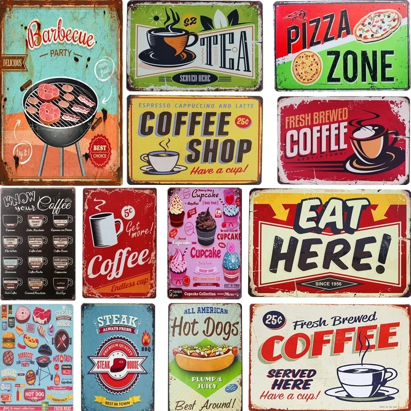 Food BBQ Vintage Metal Signs Delicate Fast Tin Plaque Restaurant Home Bar Cafe Kitchen Wall Decor Retro Posters Iron Painting