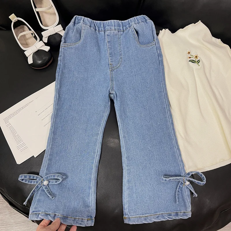 2024Girls' Jeans Spring Elastic Tight Waist Fashion Personality Girls' Bowknot Micro Stretch Denim Trousers