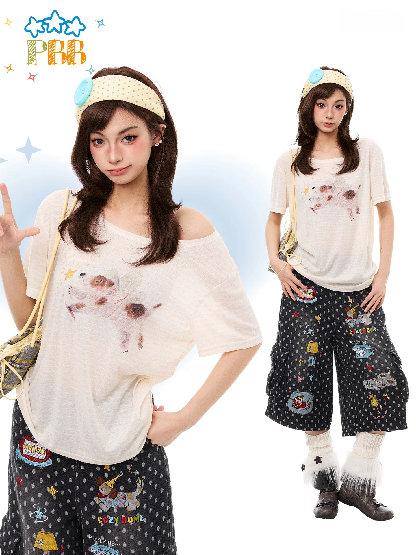 PBB American Retro Fun Dog Print Short Sleeve T-Shirt Women's Waist Cinching Ageless Shoulder Bared Micro Transparent Top