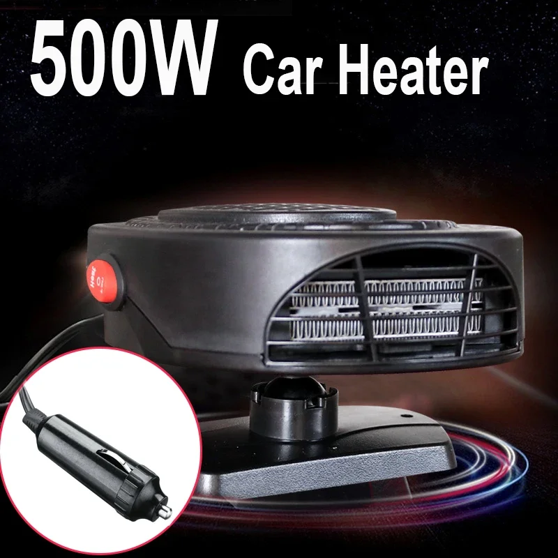 

500W Car Heater 12V Winter Windshield Defroster Dashboard Install Heating & Cooling Fan 1.6m Cigarette Lighter Power Cord