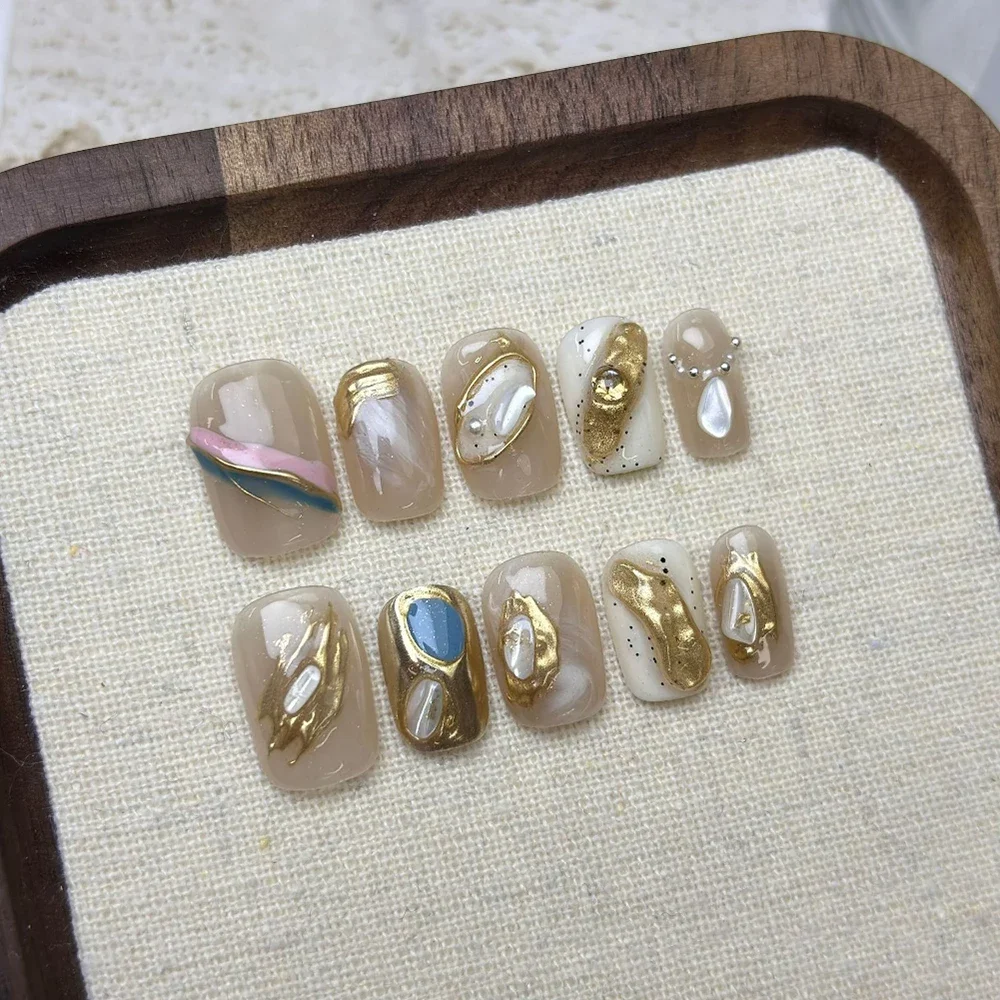 10Pcs 라이트 럭셔리 손톱에 고품질 수제 프레스 매직 미러 파우더 그라디언트 짧은 사각형 타원형 웨어러블 틀린 손톱