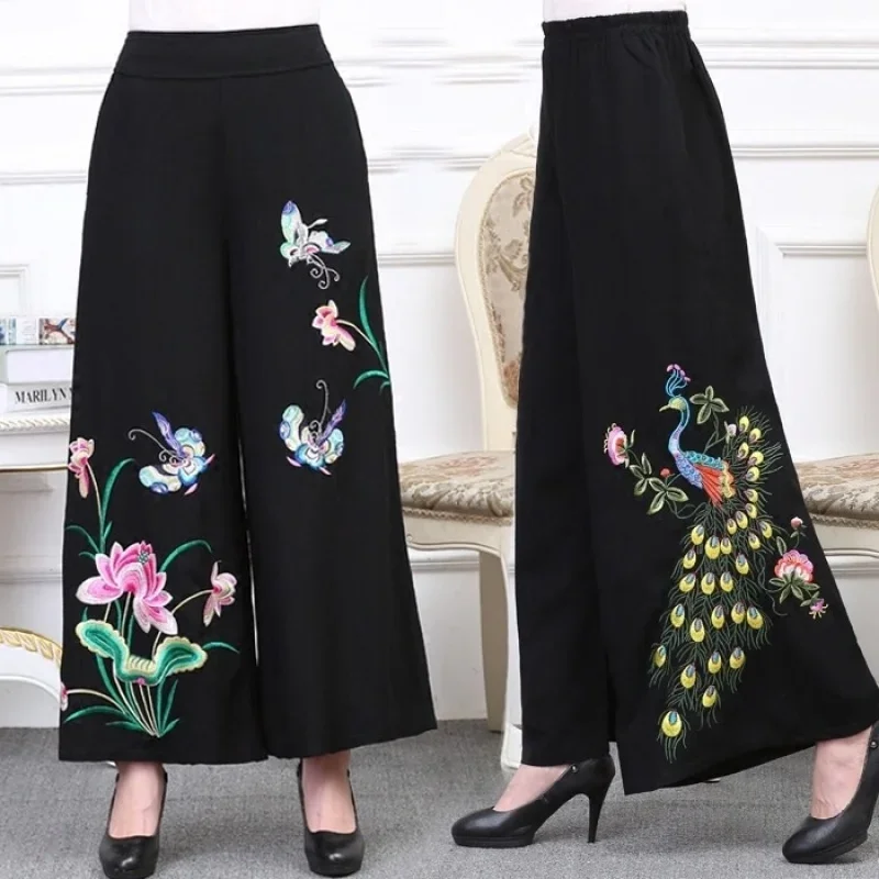 Women Floral Embroidered Long Pants Cotton Linen Folk-custom Mid-aged Old Women Wide-leg Pant Skirt Trousers XT1226