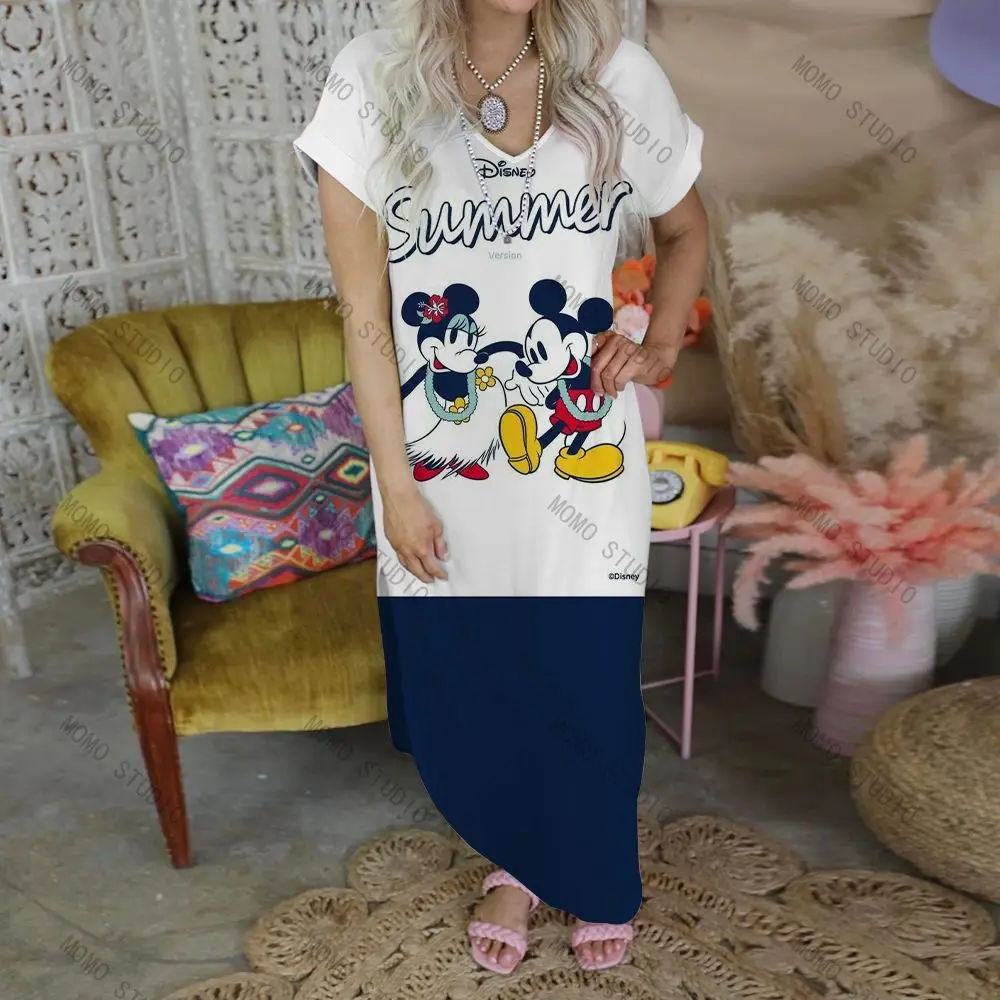 2022 minnie mouse y2k lazer maxi com decote em v sexy robe casual vestido de praia disney mulher roupas mickey longo dos desenhos animados das