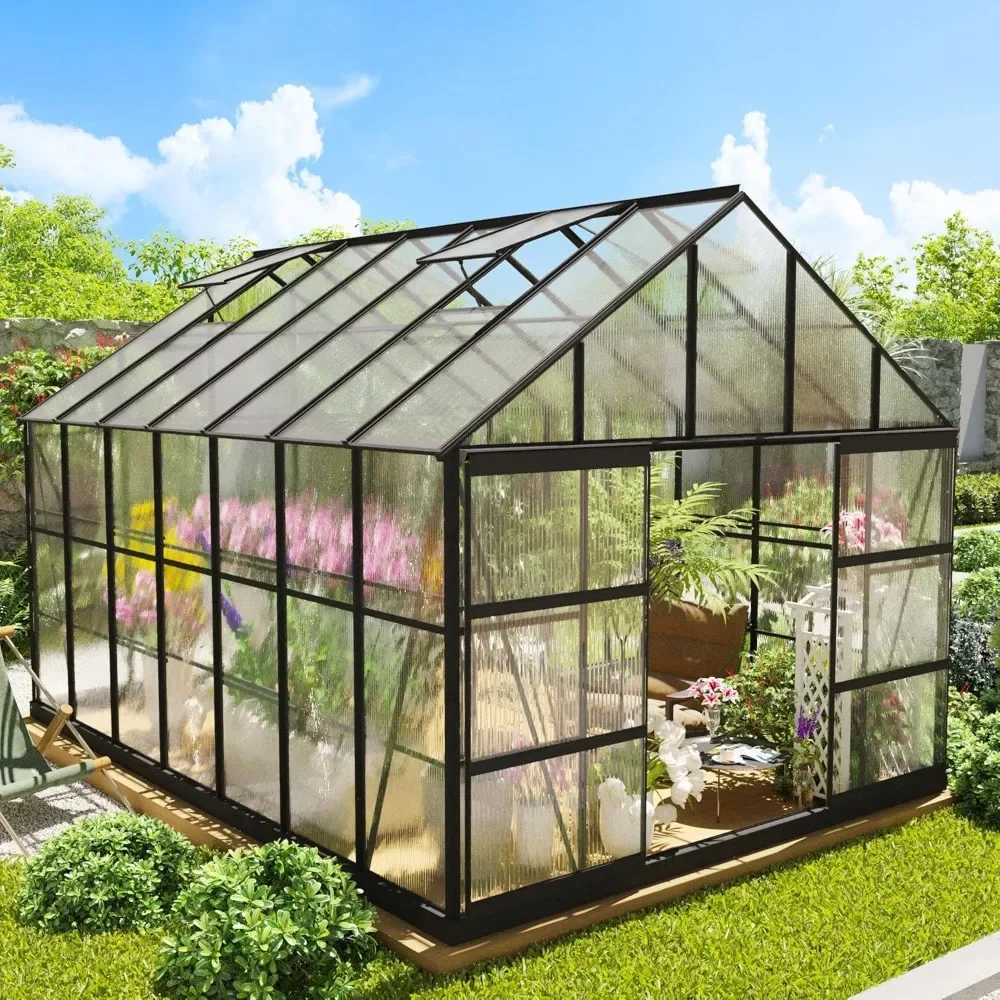 

10x14 FT Greenhouse with 4 Roof Vent Windows and Lockable Double Doors, Outdoor Aluminum Polycarbonate Walk-in Greenhouse