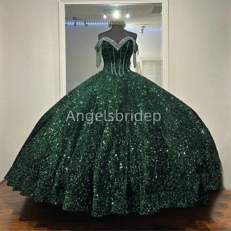 Angelsbride Sparkly Blackish Green Sequined Quinceanera Dresses Ball Gown Dress Prom Gowns Lack Up Tassel Sweet 16 Dresses