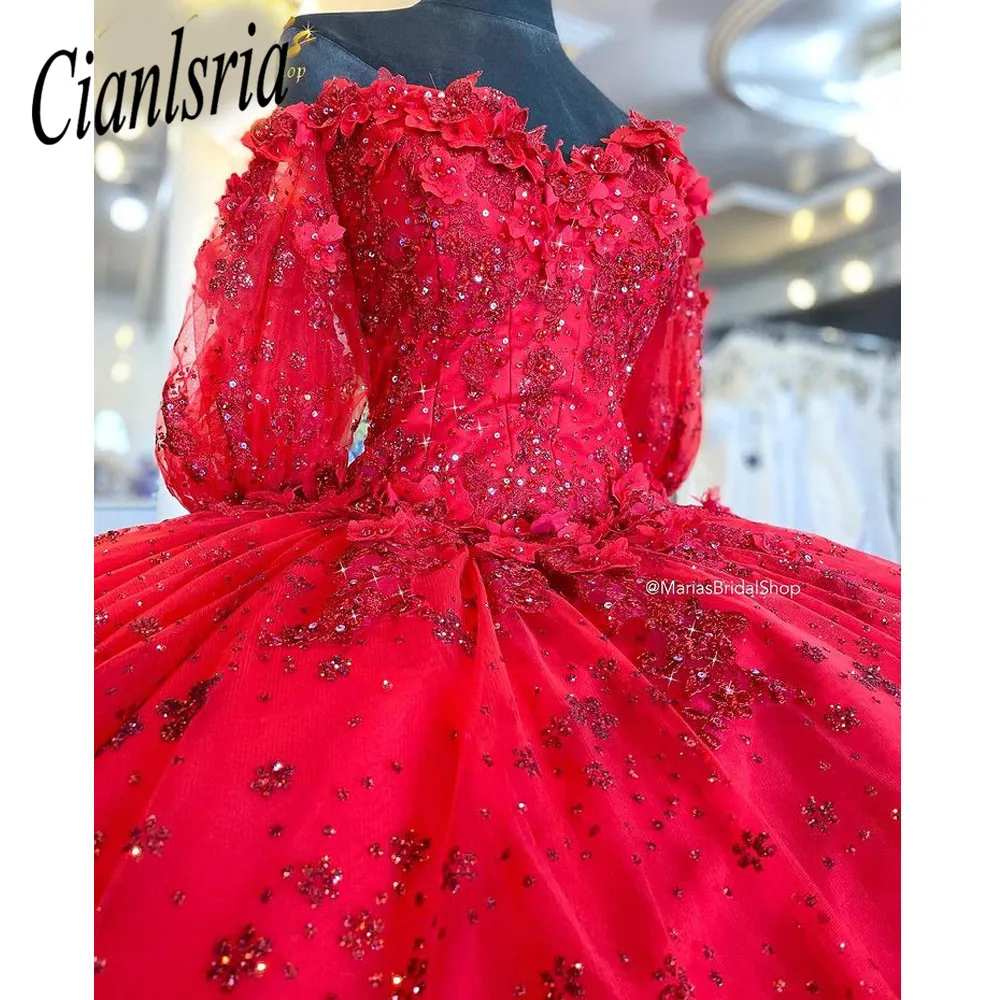 Red Long Sleeve Crystal Sequined Quinceanera Dress Ball Gown 3D Flowers Beading Appliques Corset Vestido De 15 Anos