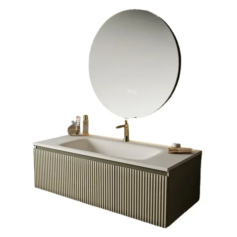 Oak Bathroom Cabinet Light Luxury LED  Vanity   Mirror Slate Integrated Washbasin Sink  Furniture New