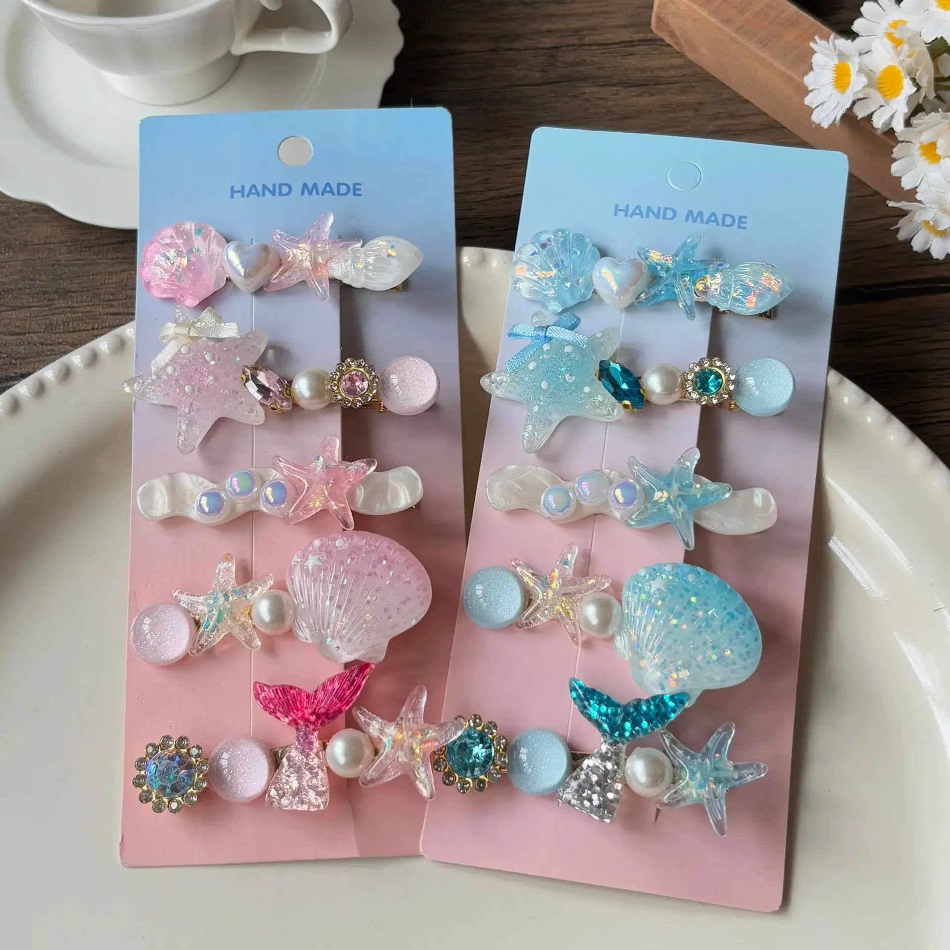 5pcs Candy Color Mermaid Hair Clips Set - Shimmery Seashell & Starfish Barrettes, Cute Side Snap Clips for Girls