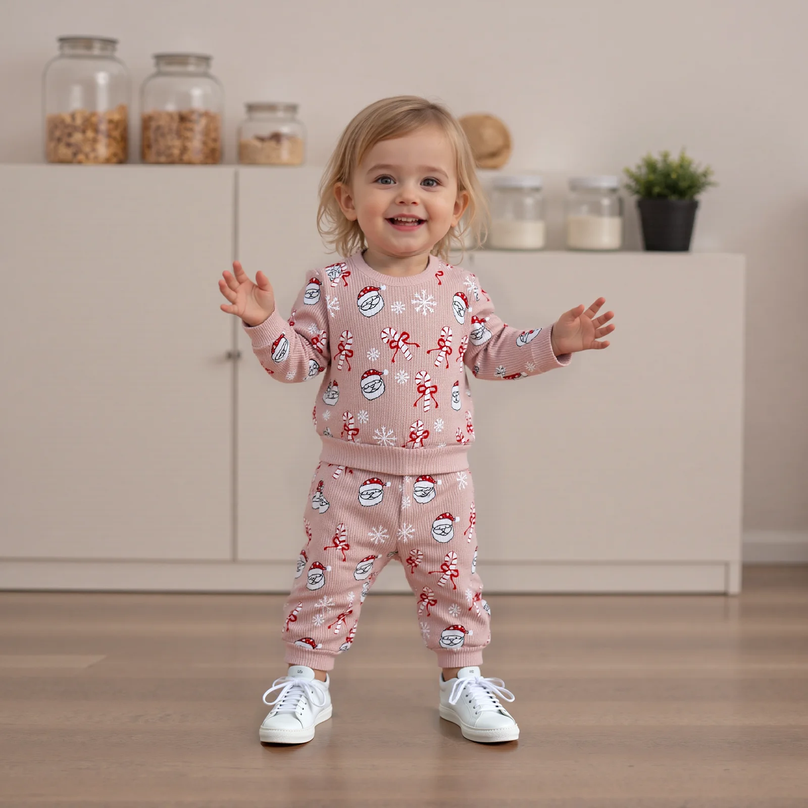 Baby Girl 2Pcs Christmas Outfits Long Sleeve Santa Candy Cane Print Sweatshirt + Pants Set Toddler Clothes