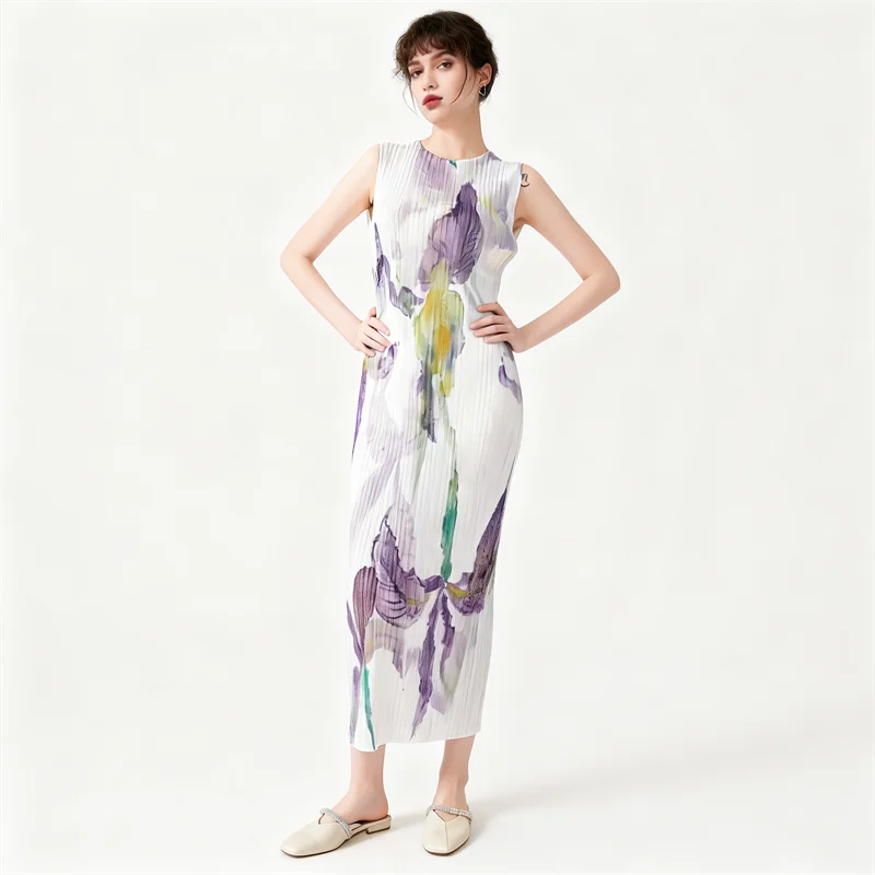 

Miyake Pleated Women's Casual Dress 2026 New Fashion Oil Painting Printed Round Neck Sleeveless Slim Elegant Dresses