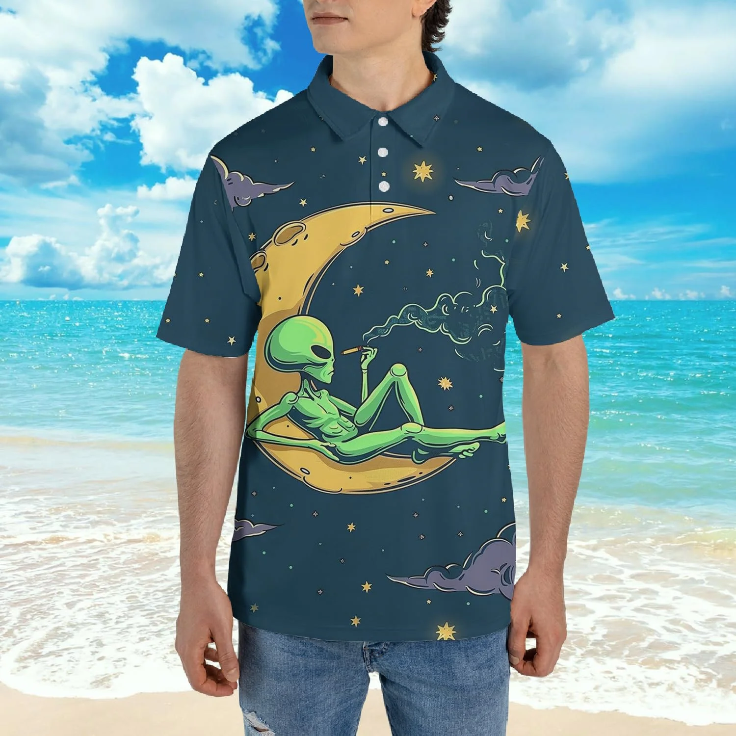 2025 Personalized Printed Alien Pattern Polo Shirt For Men's Clothes Lapel Button POLO Shirts Funny UFO Harajuku Trend Golf Tops
