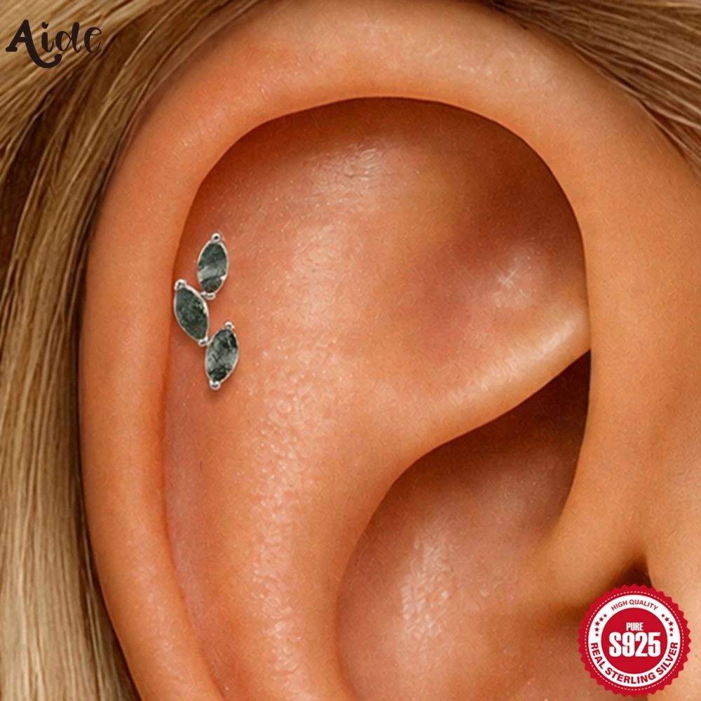 Aide Horse Eye Branch Natural Water Grass Agate 925 Sterling Silver Flat Head Thread Puncture Earring Green Moss Piercing Studs