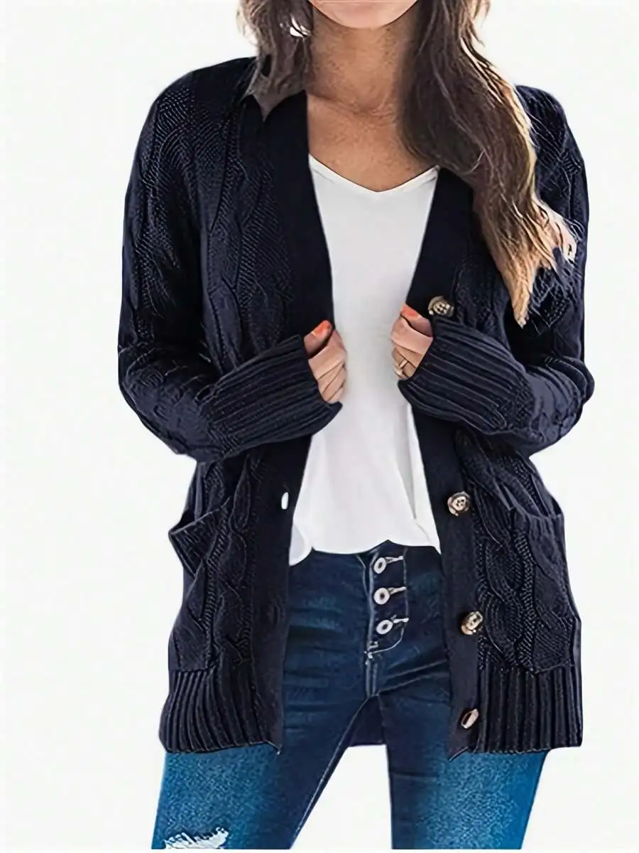 

Women Single Breasted Cable Knit Cardigan Sweater With Pockets