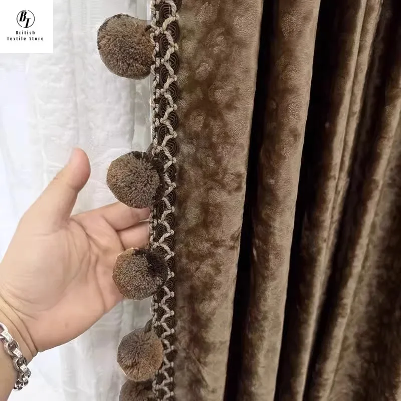 

Custom Size！！European Retro Luxury Ice Floss Thick Curtains for Living Dining Room Bedroom Blackout Hair Ball Simple Lace Decor