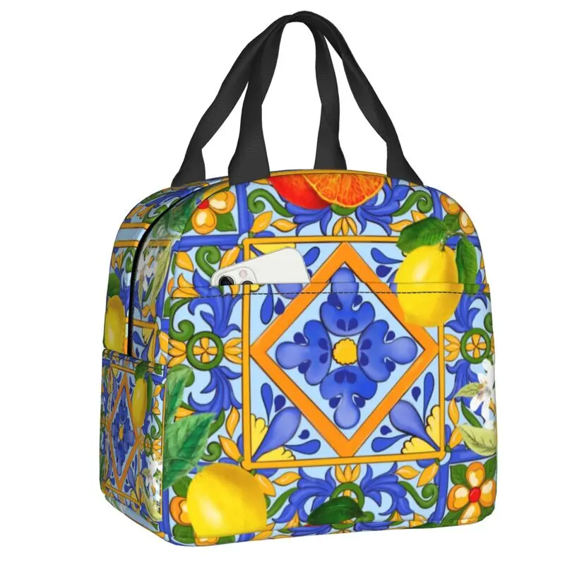 Sicilian Tiles Summer Fruit Oranges Lemons Insulated Lunch Bag for Camping Travel Portable Thermal Cooler Lunch Box Children