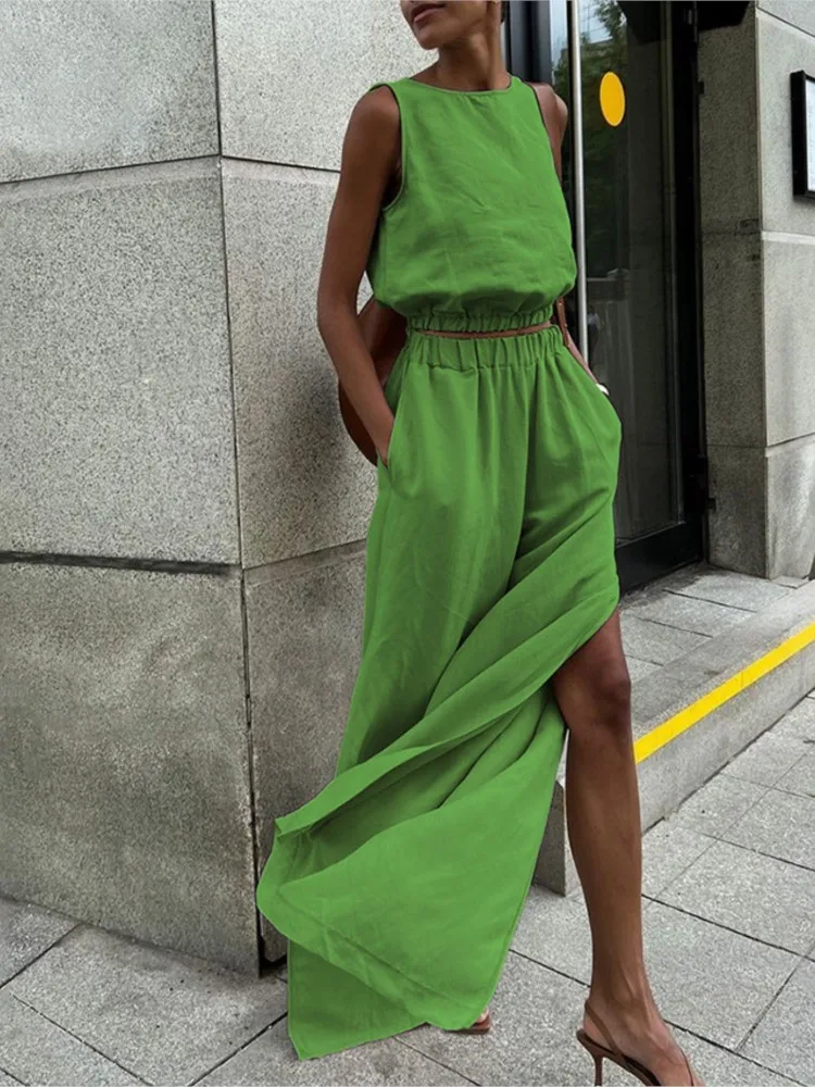 Fashion Trendy Solid Color Pants Sets Women Sleeveless Cropped Top Slit Wide Leg Trousers Two Piece Set Female Streetwear Summer