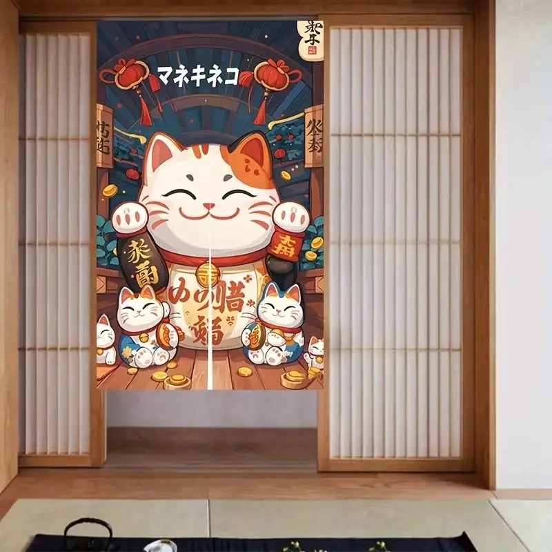 VIKAMA Lucky Maneki Neko Entryway Curtain Fabric Half Curtain Mount Fuji Lucky Cat Design Privacy Screen Polyester Home Decor