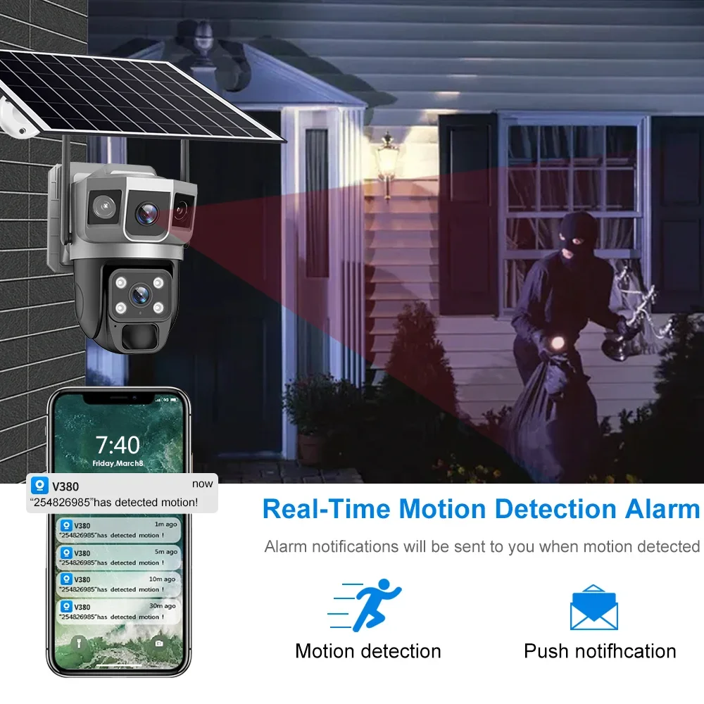 Уличная солнечная камера безопасности, Wi-Fi, двойной объектив, 3 экрана, 12 МП, беспроводные камеры с автоматическим отслеживанием, солнечная энергия, видеонаблюдение V380 pro