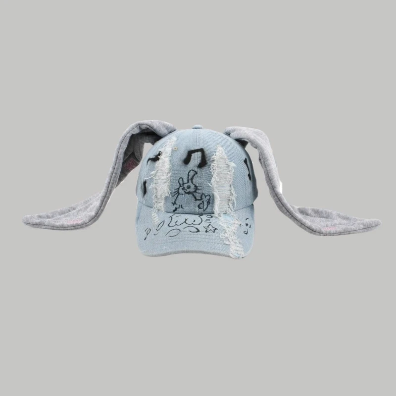 Von Prominenten inspirierte Niche Rabbit Ear Denim Ripped Baseball Cap Washed Graffiti Hip-Hop Sun Hat Trendy Cap – Detail 10