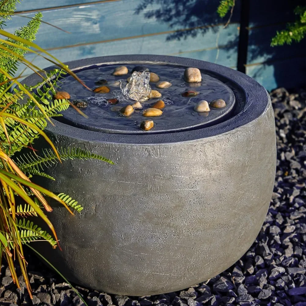 Garden Water Fountain Outdoor Water Feature Indoor with Lights & Pump and Pebbles,Round Flow Fountain Concrete Effect for Patio