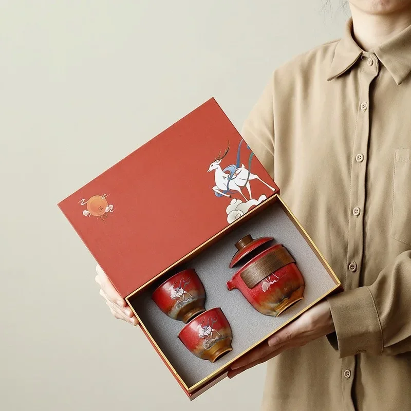 Forbidden City Red Deer Element Ceramic Kung Fu Tea Set One Pot Two Cup Teapot Set Business Souvenirtea Sets Complete Settea Pot