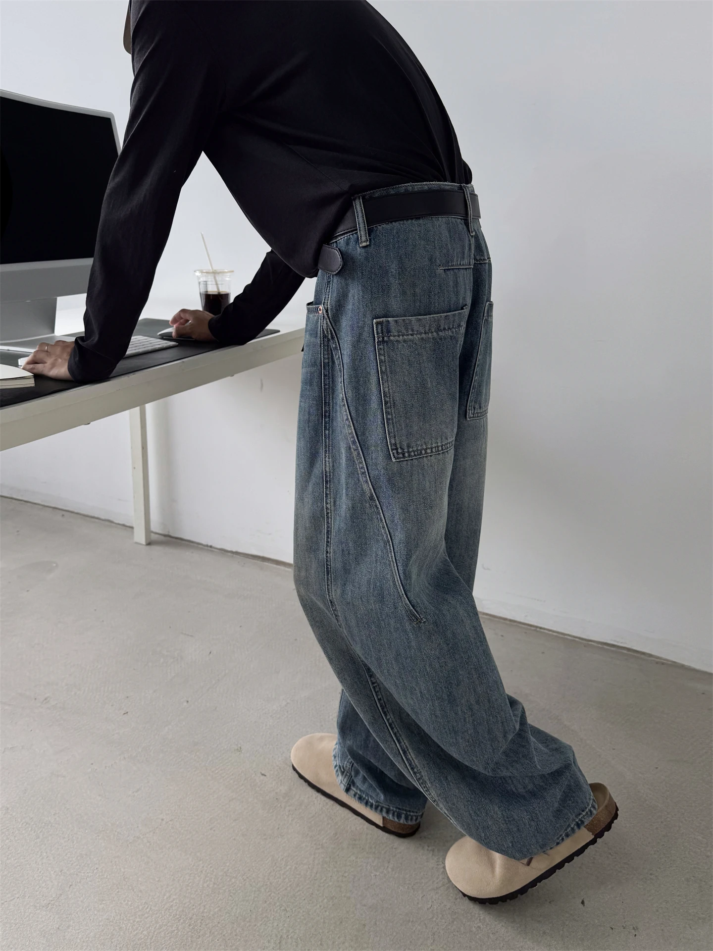 FYRP الأمريكية الرجعية واسعة الساق سكين الجينز الرجال المرأة عادية فضفاض مستقيم القطن الدنيم السراويل ربيع الخريف Faion