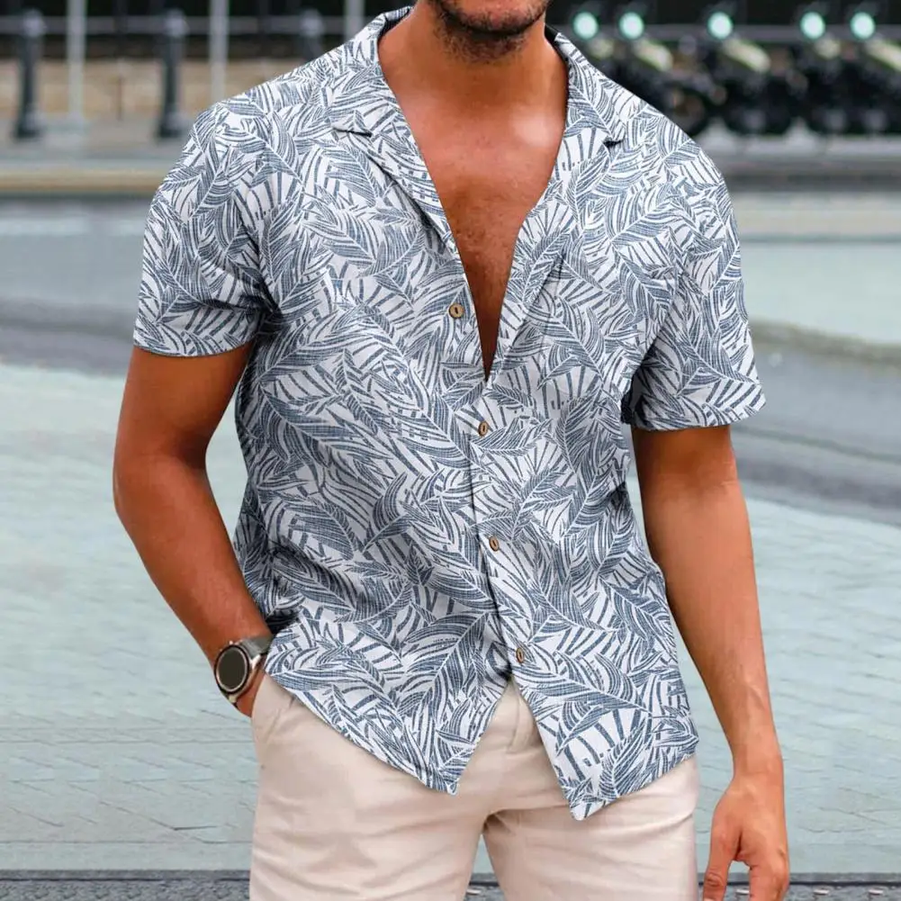 Men Summer Lapel Short Sleeve Shirt Top Hawaiian Floral Cotton Linen Leaves Print Single-Breasted Thin Beach Shirt Streetwear