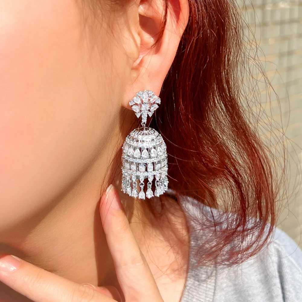ThreeGraces Sparkling Cubic Zirconia Stone Silver Color Luxury Long Tassel Drop Earrings for Women Nigerian Party Jewelry E1075