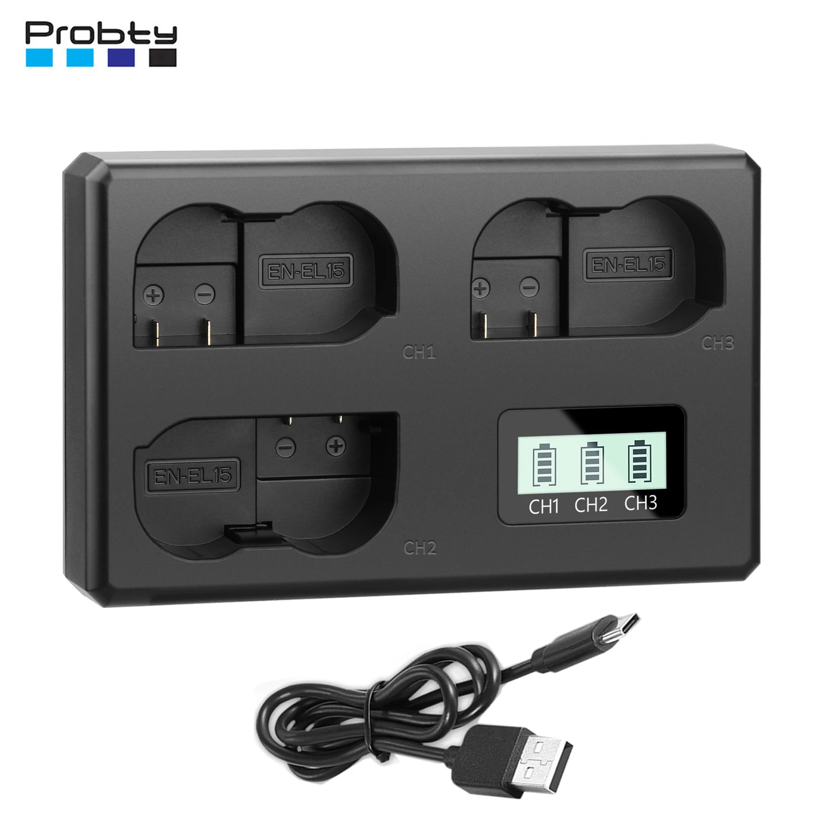 Probty EN-EL15 EL15C Battery 3 Slot Charger for Nikon Camera D750 D800E Z5 D780 D7200 D800 D500 D610 Z7II Z6II D850 D7100 D7500