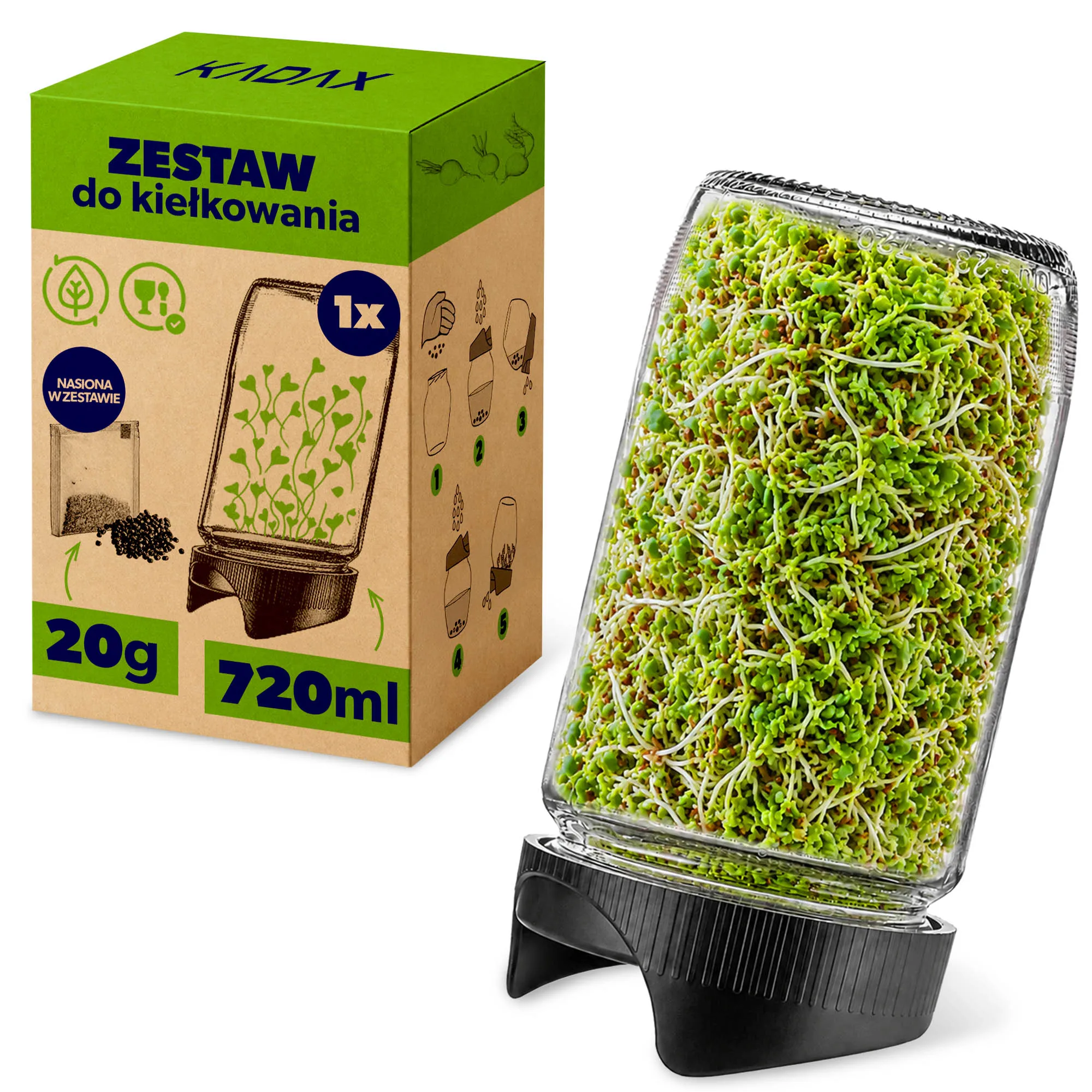 KADAX Zelfgemaakte Glaspot voor kiemkweek, kiemzeef, 720ml, radijszaden voor kweek inbegrepen, 1 stuk