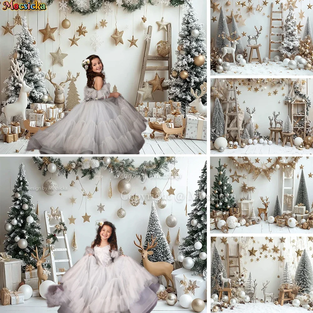 Mocsicka Christmas Gift Room Photography Background Shiny Gold Stars Xmas Tree Wooden Backdrop Winter Kids Family Photo Studio